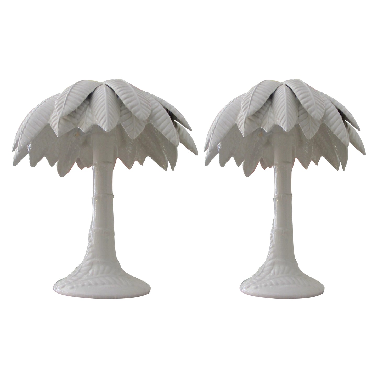 1960’s Pair of White Glaze Ceramic Palm Tree Table Lamps, Italian