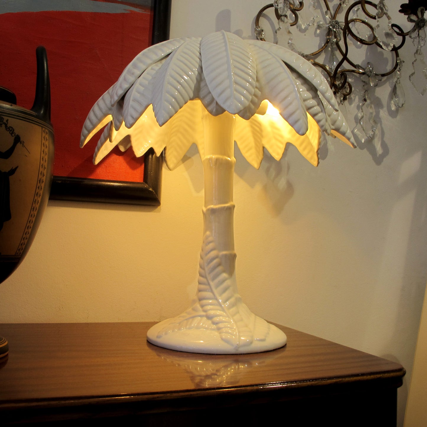 1960’s Pair of White Glaze Ceramic Palm Tree Table Lamps, Italian