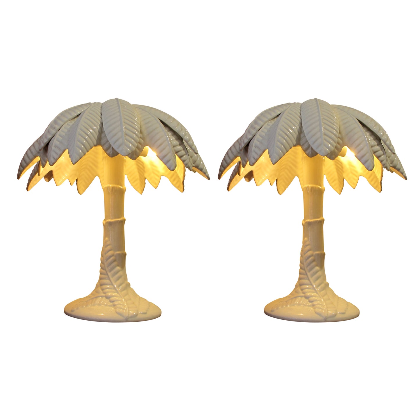 1960’s Pair of White Glaze Ceramic Palm Tree Table Lamps, Italian