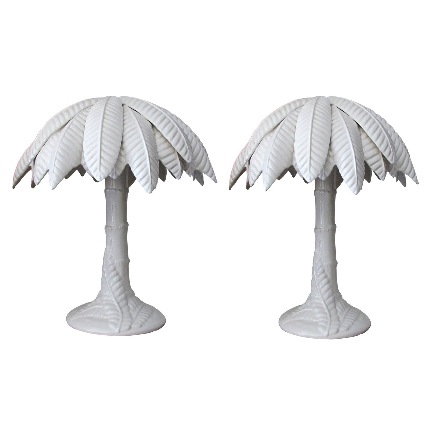 1960’s Pair of White Glaze Ceramic Palm Tree Table Lamps, Italian