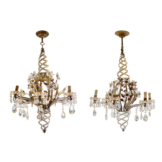 1960s Pair of Banci Of Florence Floral Crystal Chandelier, Italian