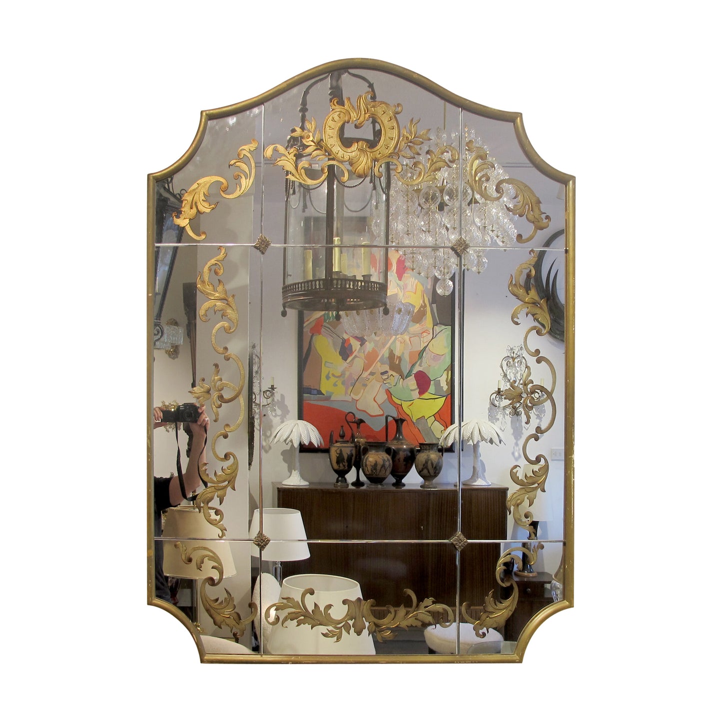 1940s French Wall Mirror with Eglomisé Gold Leaf Design