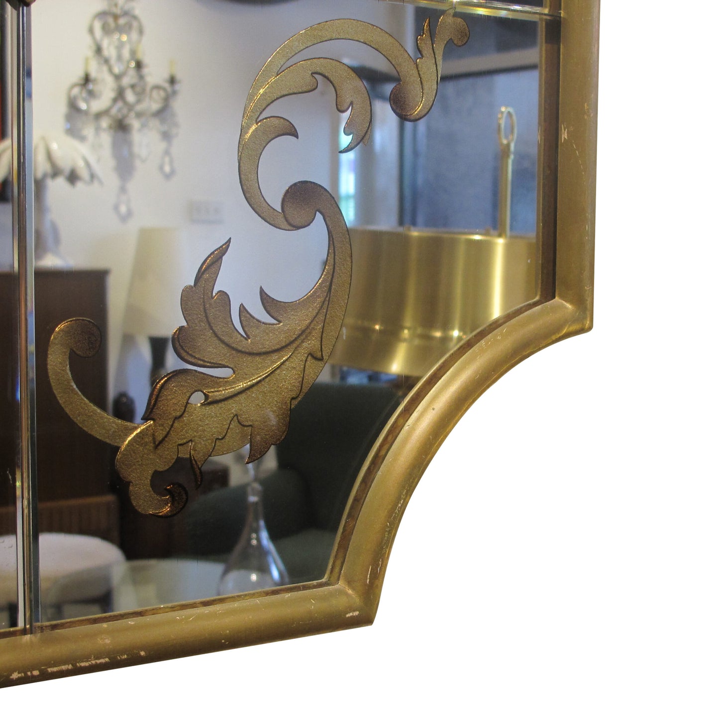 1940s French Wall Mirror with Eglomisé Gold Leaf Design