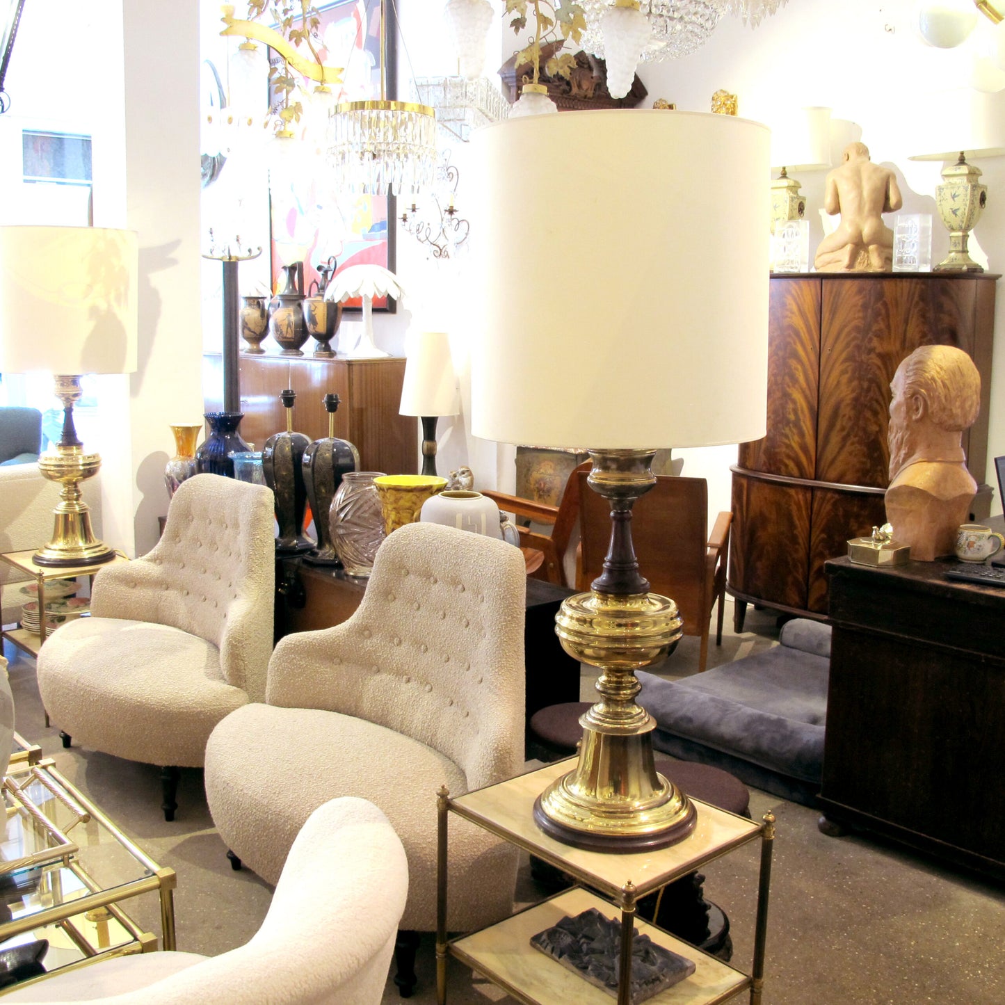 1950s Very Large Pair of Brass and Mahogany Tables lamps, English