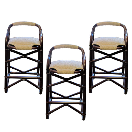 French 1970s Set of Three French Riviera Bamboo Bar Stools