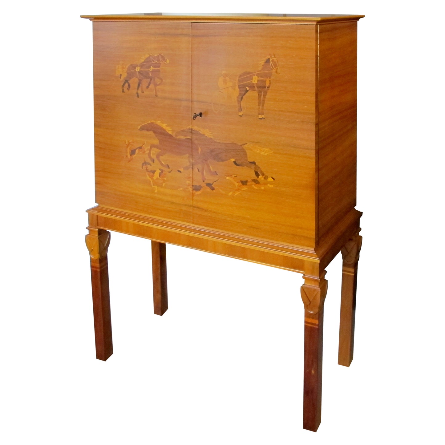 1930s Swedish Cabinet with Harness Racing Horses Marquetry, attributed to Erik Mattson