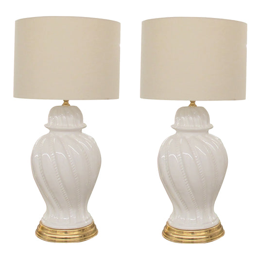 Pair of Large 1950s Italian White Glazed Ceramic Table Lamps