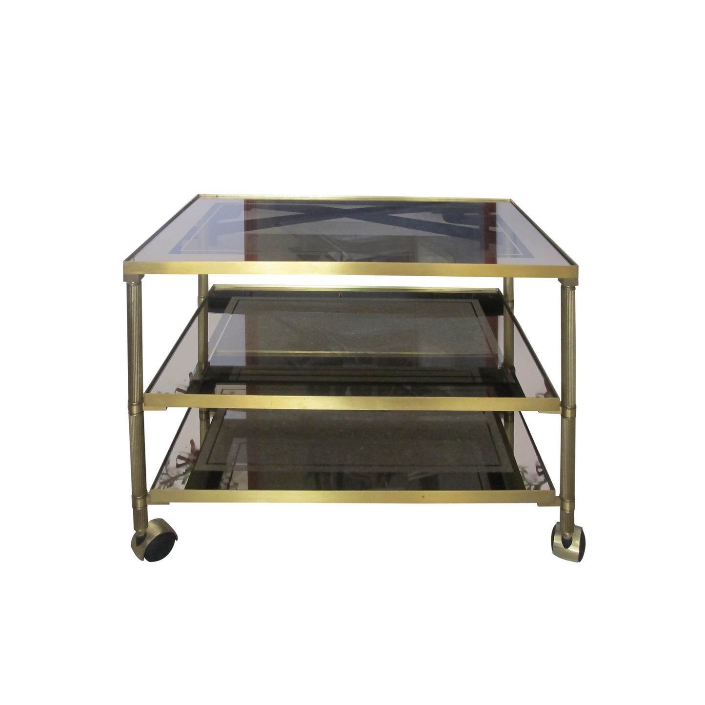 Pair brass and glass trolleys-side tables