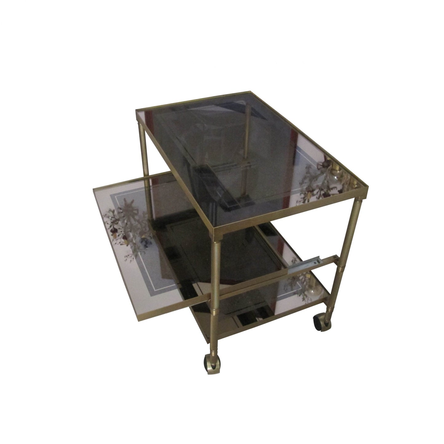 Pair brass and glass trolleys-side tables