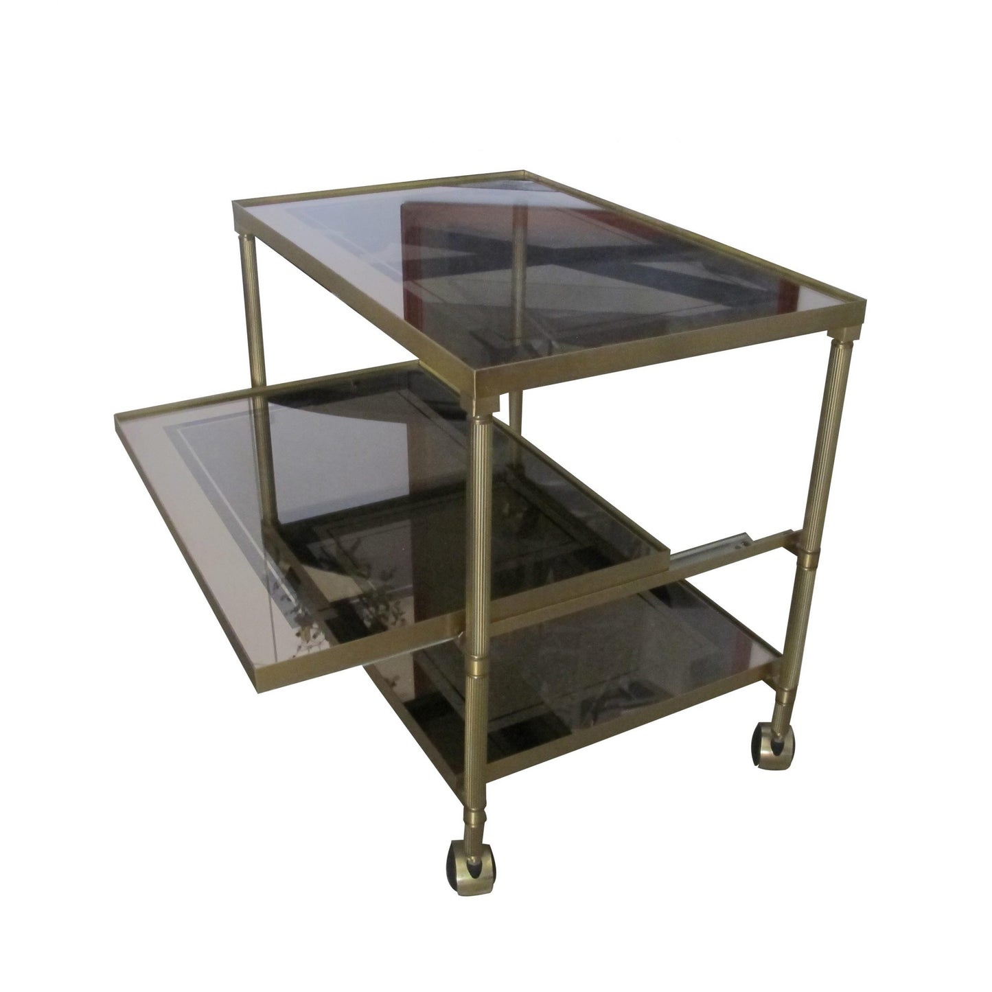 Pair brass and glass trolleys-side tables