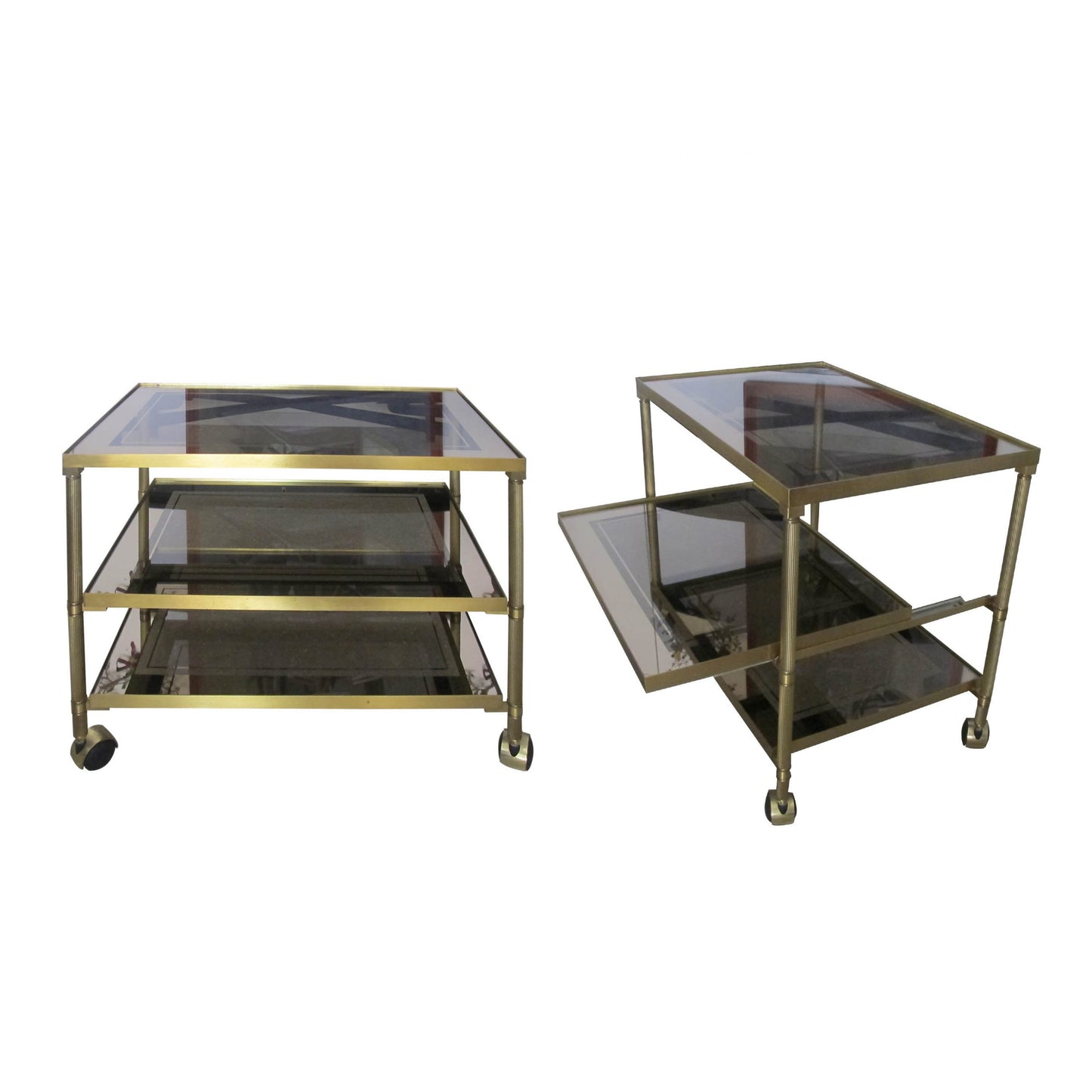 Pair brass and glass trolleys-side tables