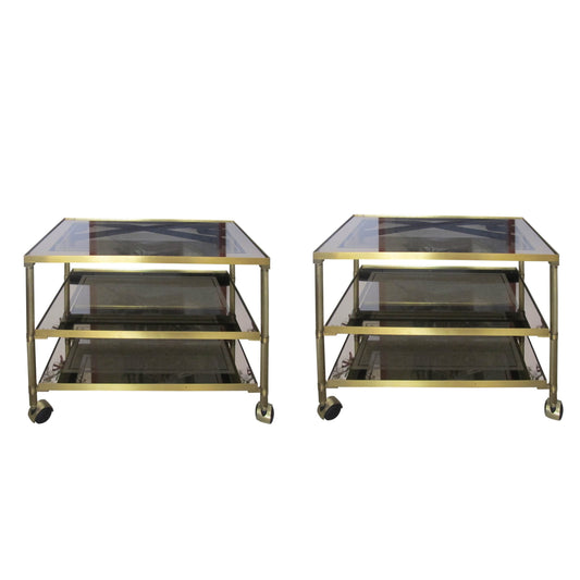 Pair brass and glass trolleys-side tables