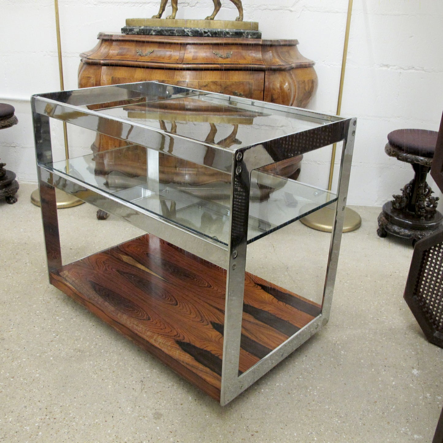 1970s English Chrome and Rosewood bar cart by Merrow Associates