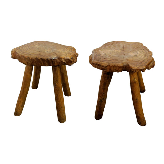 Mid-Century Pair of Milking Stools Carved in Oak Wood, French