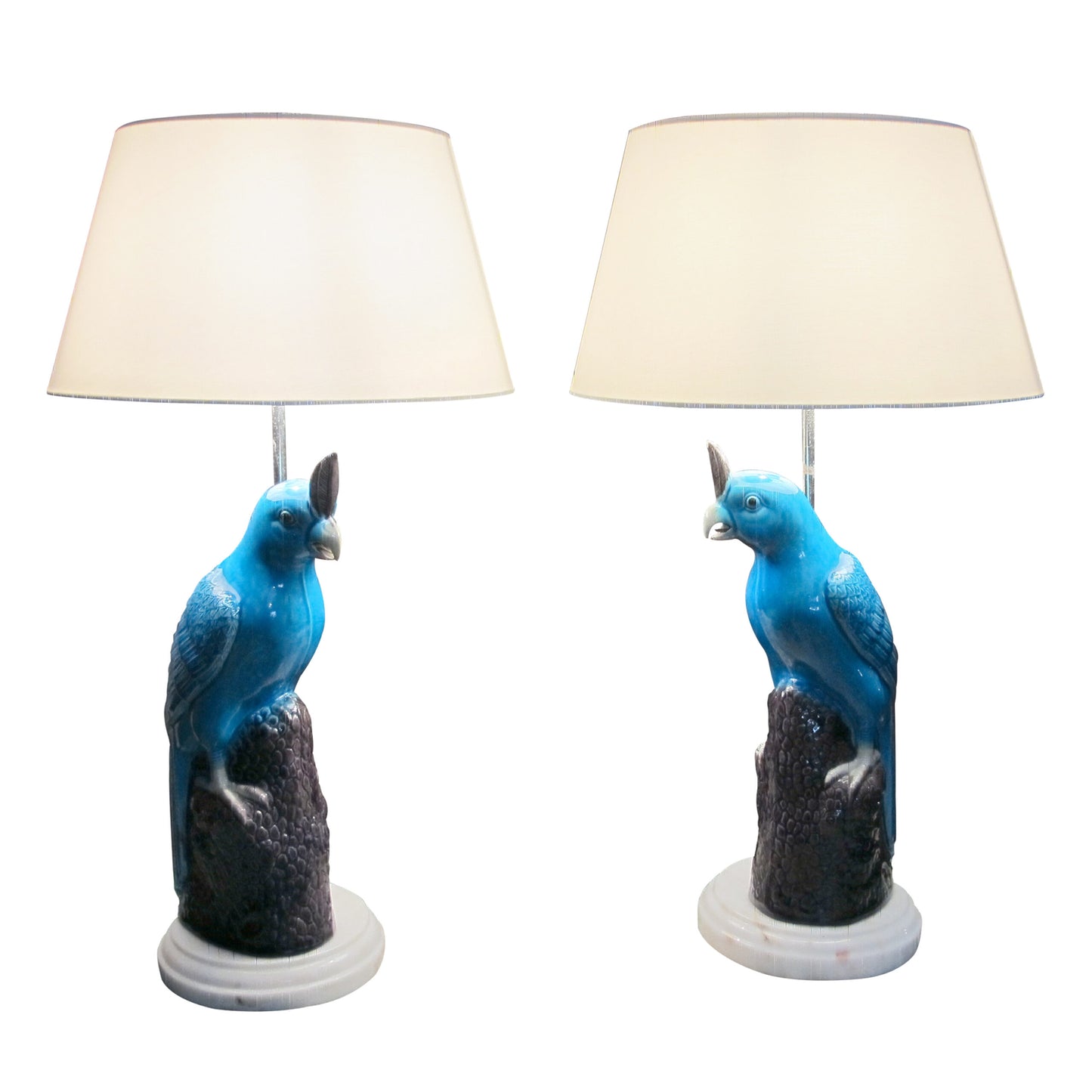 Mid-century Pair of Ceramic Parrot Table lamps with White Marble Base, Italian