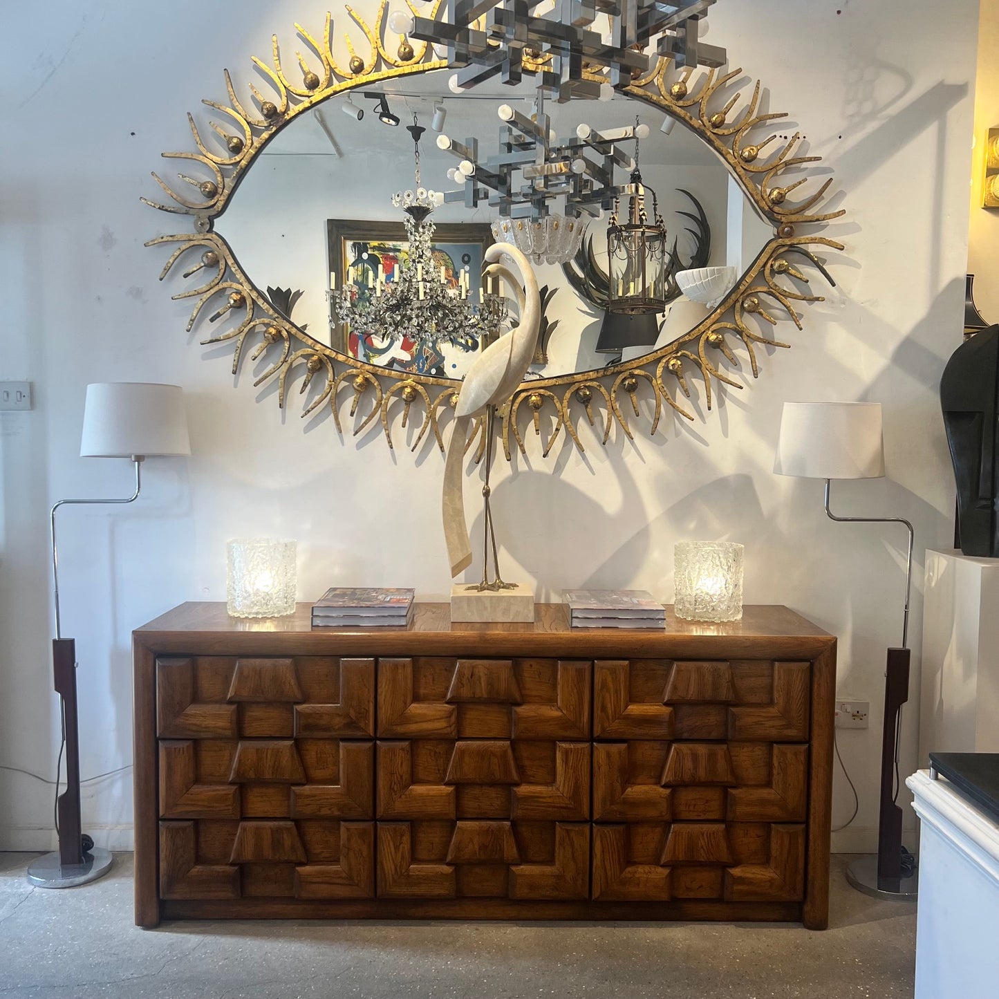1970s Walnut Brutalist Sideboard with Nine Drawers