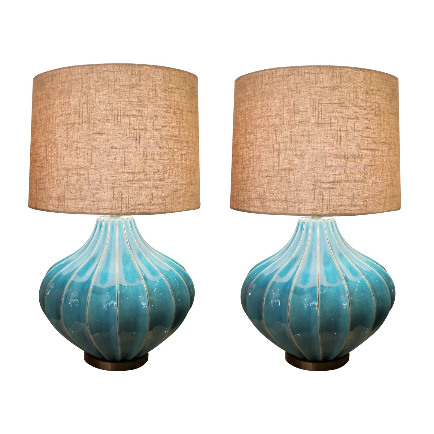 Pair of Turquoise Ceramic Crackled Glaze table lamps, circa 1980s, English