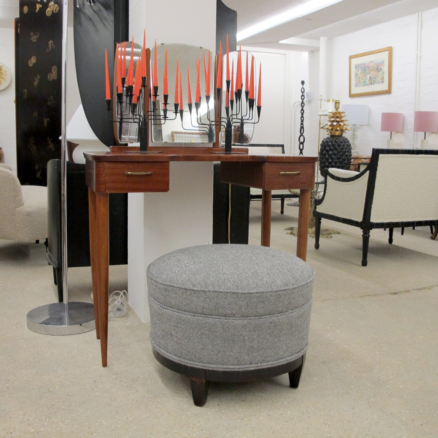 1940s French Art Deco Foot Stool, Newly Upholstered