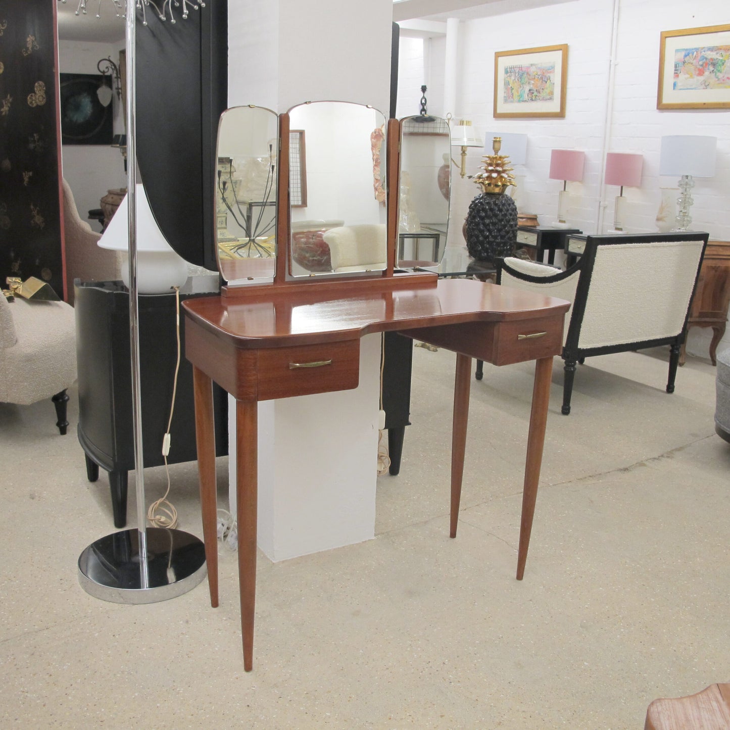 1940s Scandinavian Vanity Dressing Table with Its Triptych Mirror