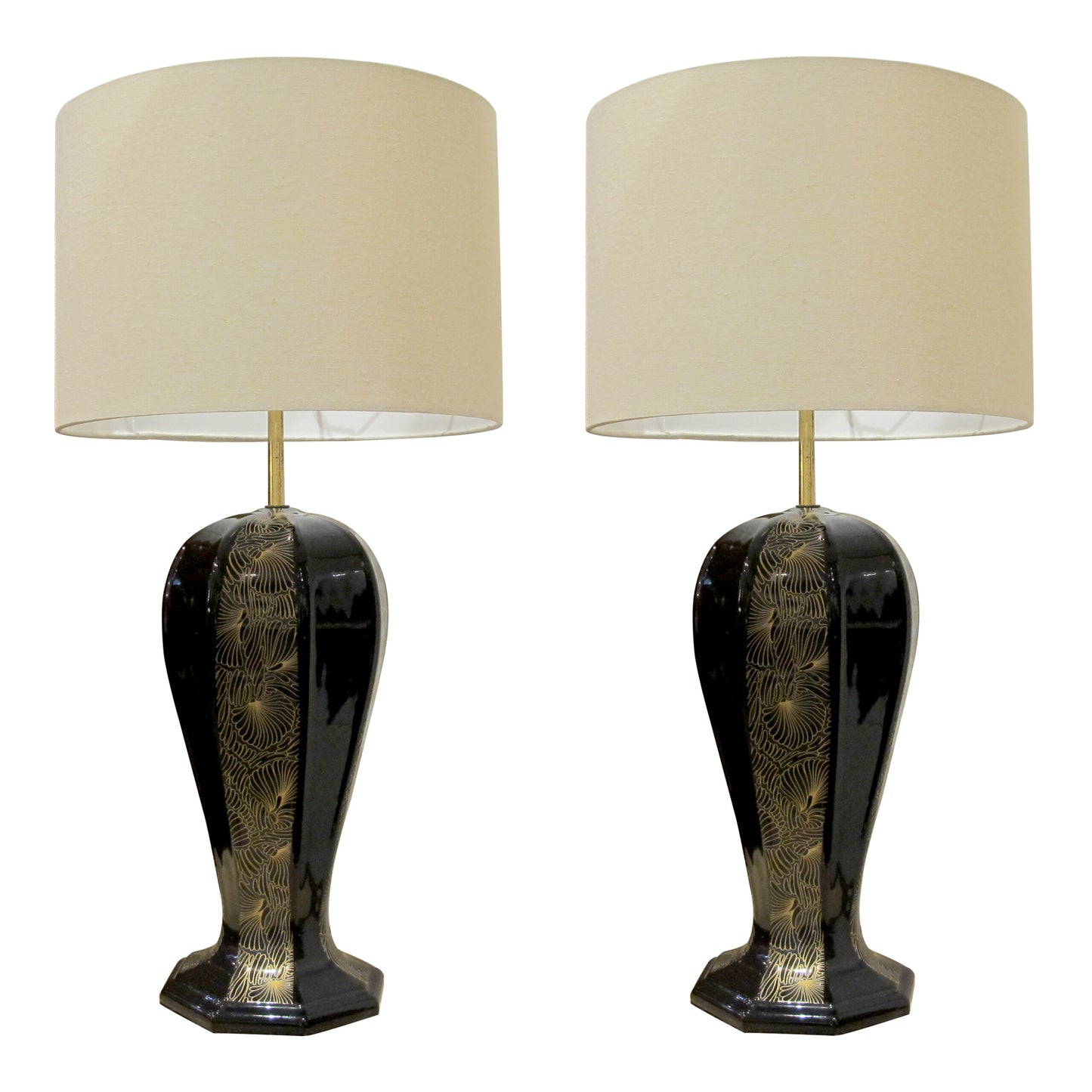 1940s Large Pair of Black and Gold Ceramic Table lamps, Italian