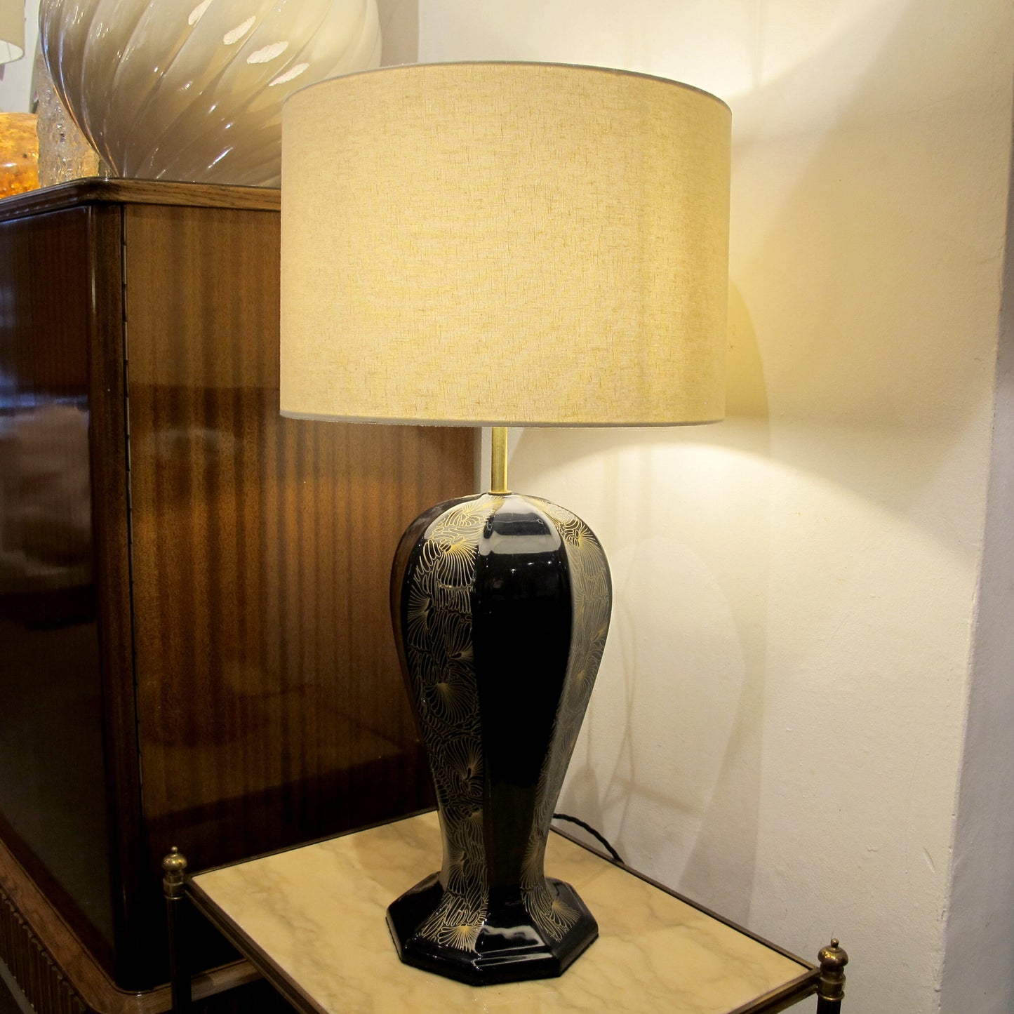 1940s Large Pair of Black and Gold Ceramic Table lamps, Italian