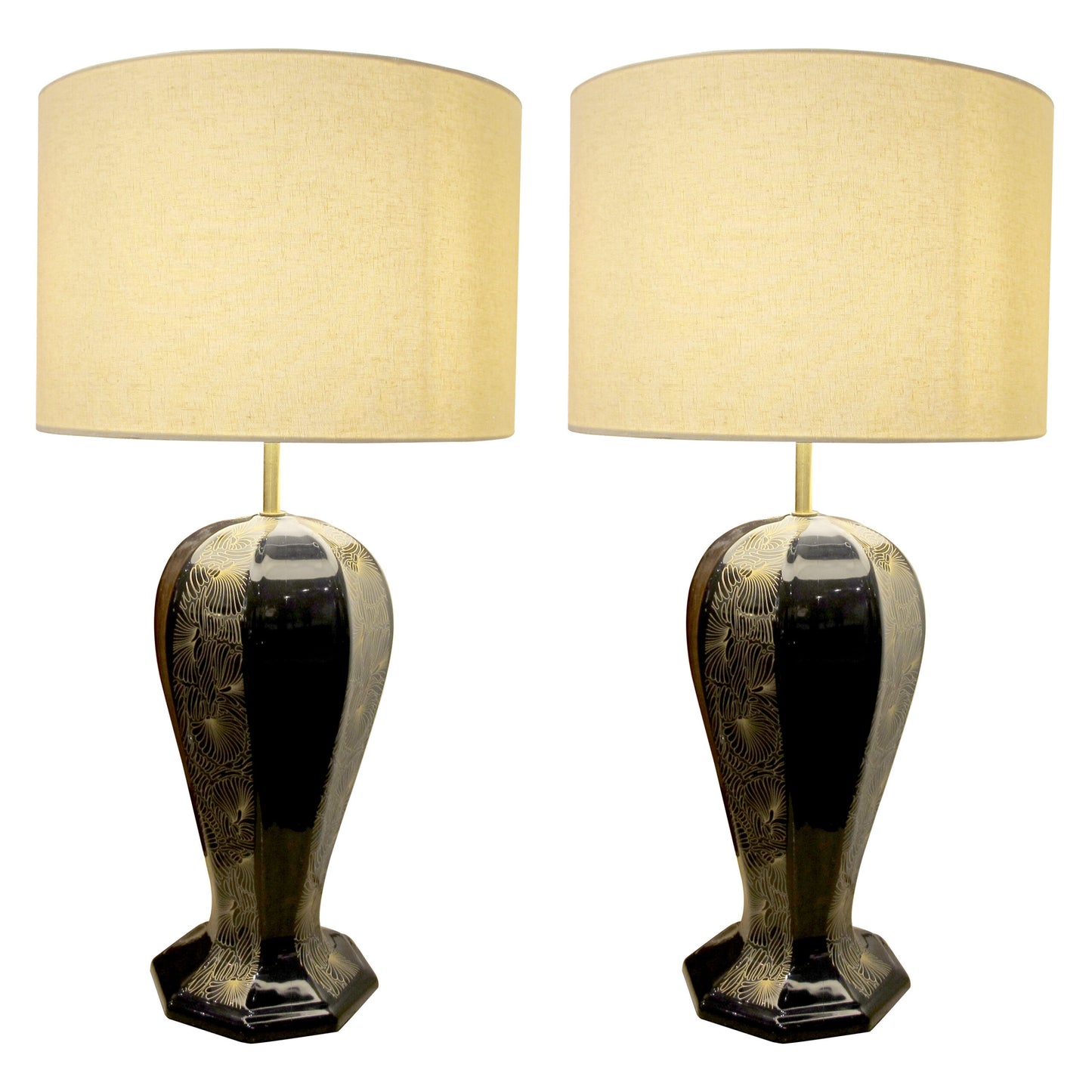 1940s Large Pair of Black and Gold Ceramic Table lamps, Italian