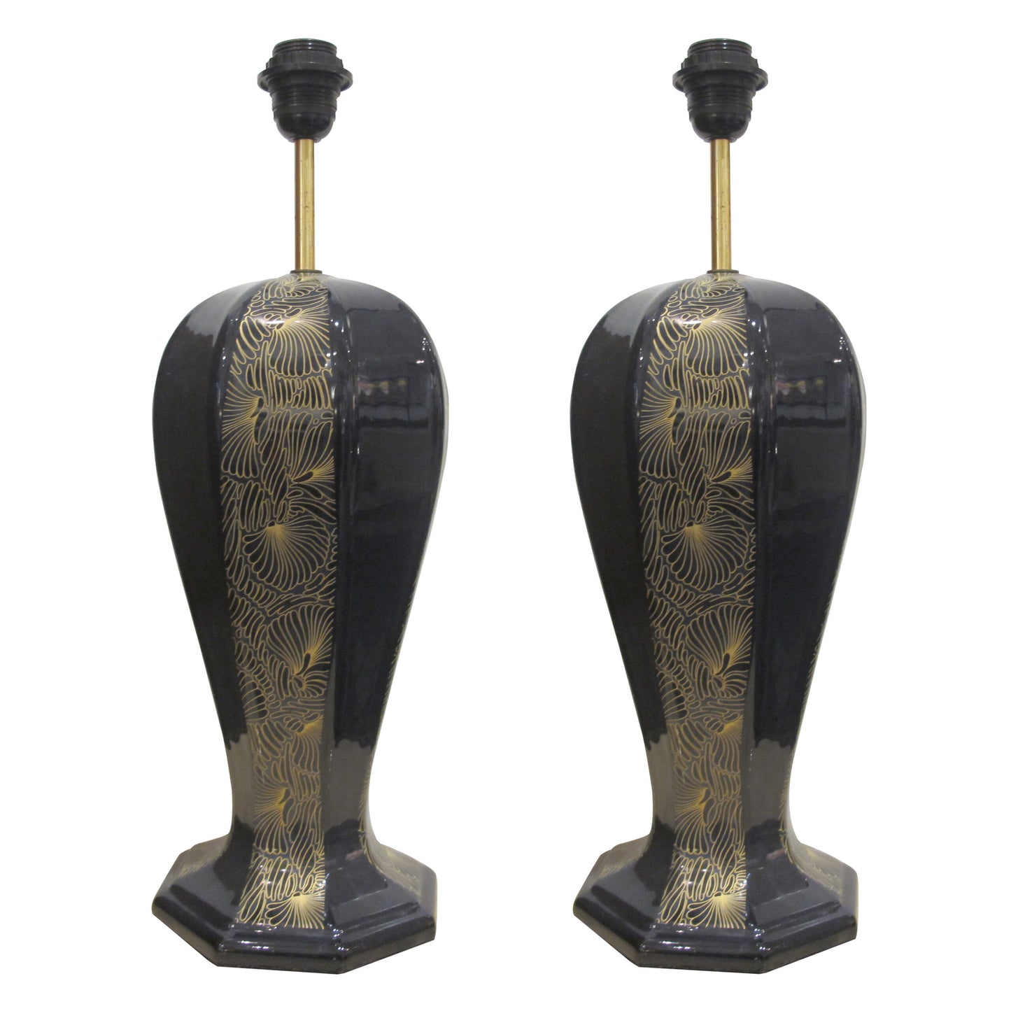 1940s Large Pair of Black and Gold Ceramic Table lamps, Italian