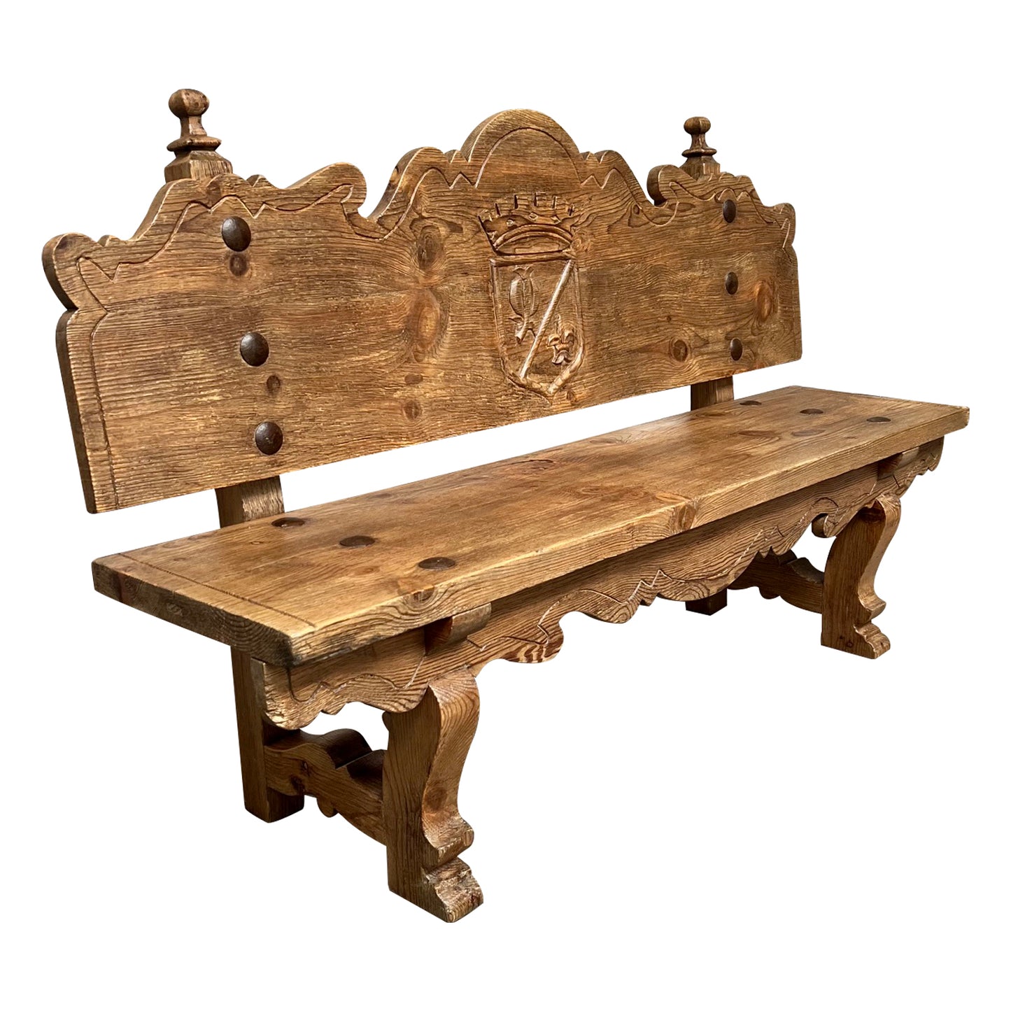 1920s Oak Heraldic Bench with Spanish & French Royal Alliance Crest