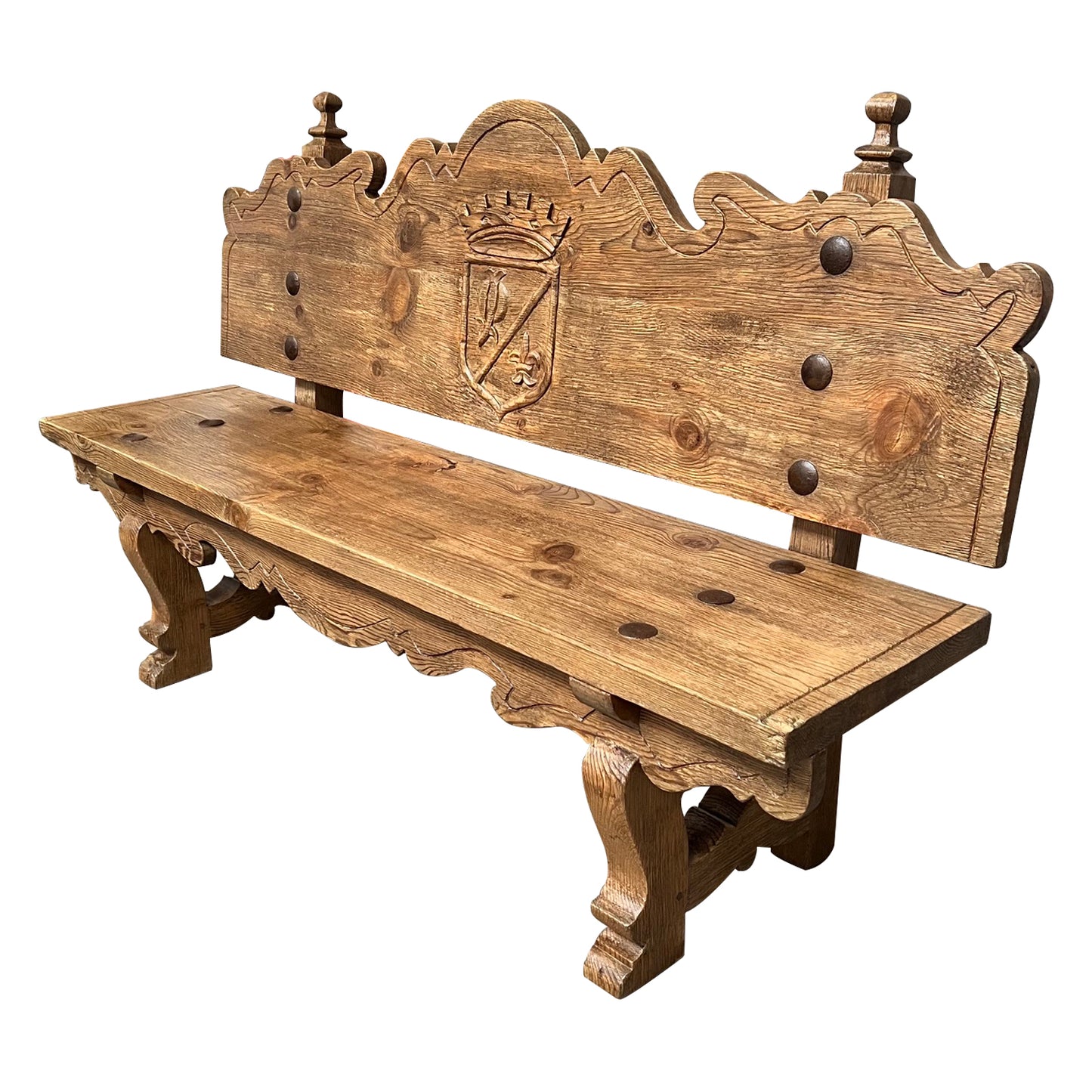 1920s Oak Heraldic Bench with Spanish & French Royal Alliance Crest