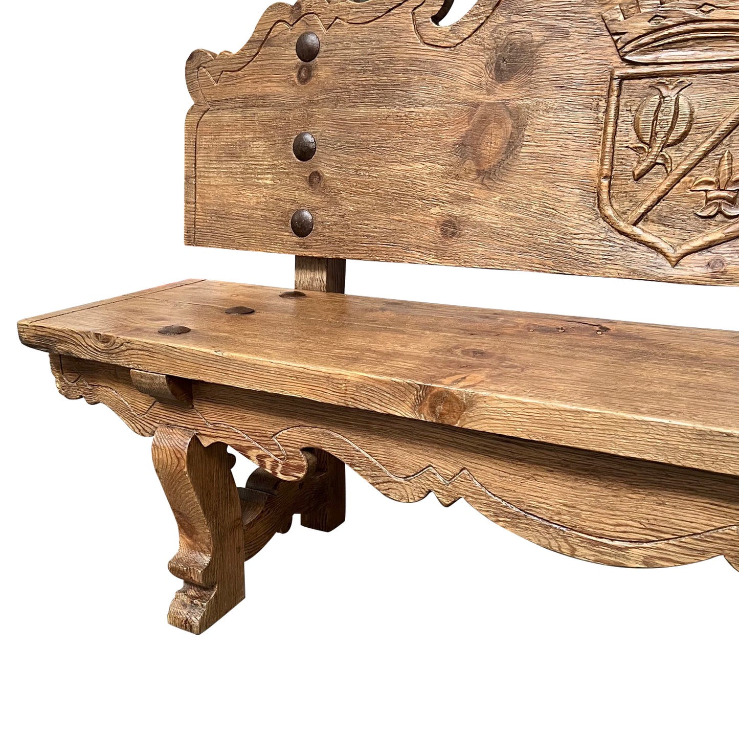 1920s Oak Heraldic Bench with Spanish & French Royal Alliance Crest