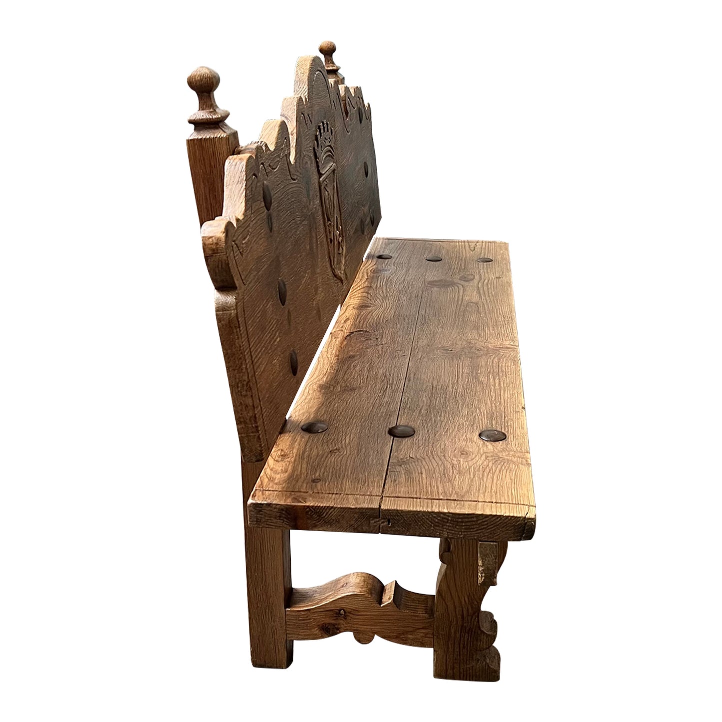 1920s Oak Heraldic Bench with Spanish & French Royal Alliance Crest