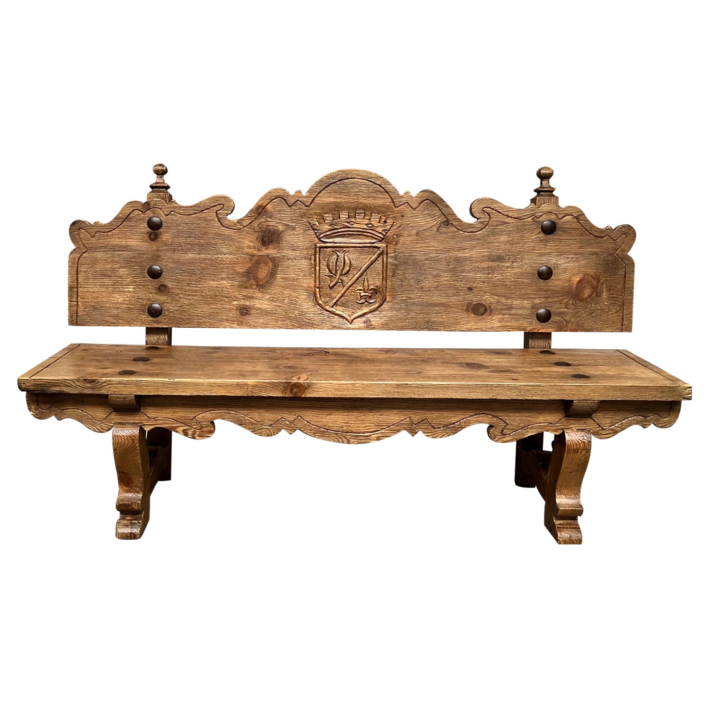1920s Oak Heraldic Bench with Spanish & French Royal Alliance Crest