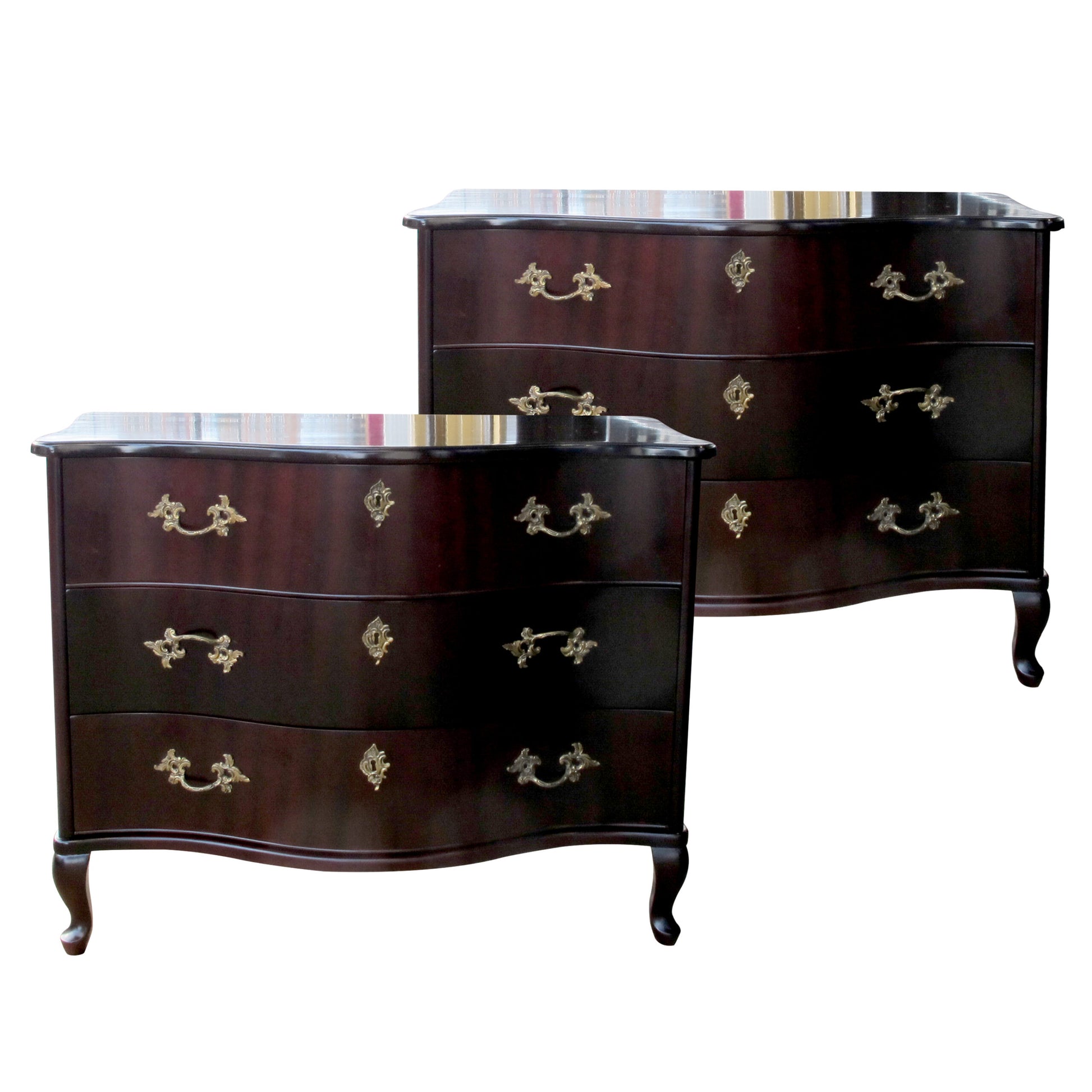 Pair of 1950s Bow-Fronted Swedish Mahogany Chests of Drawers with Brass Accents