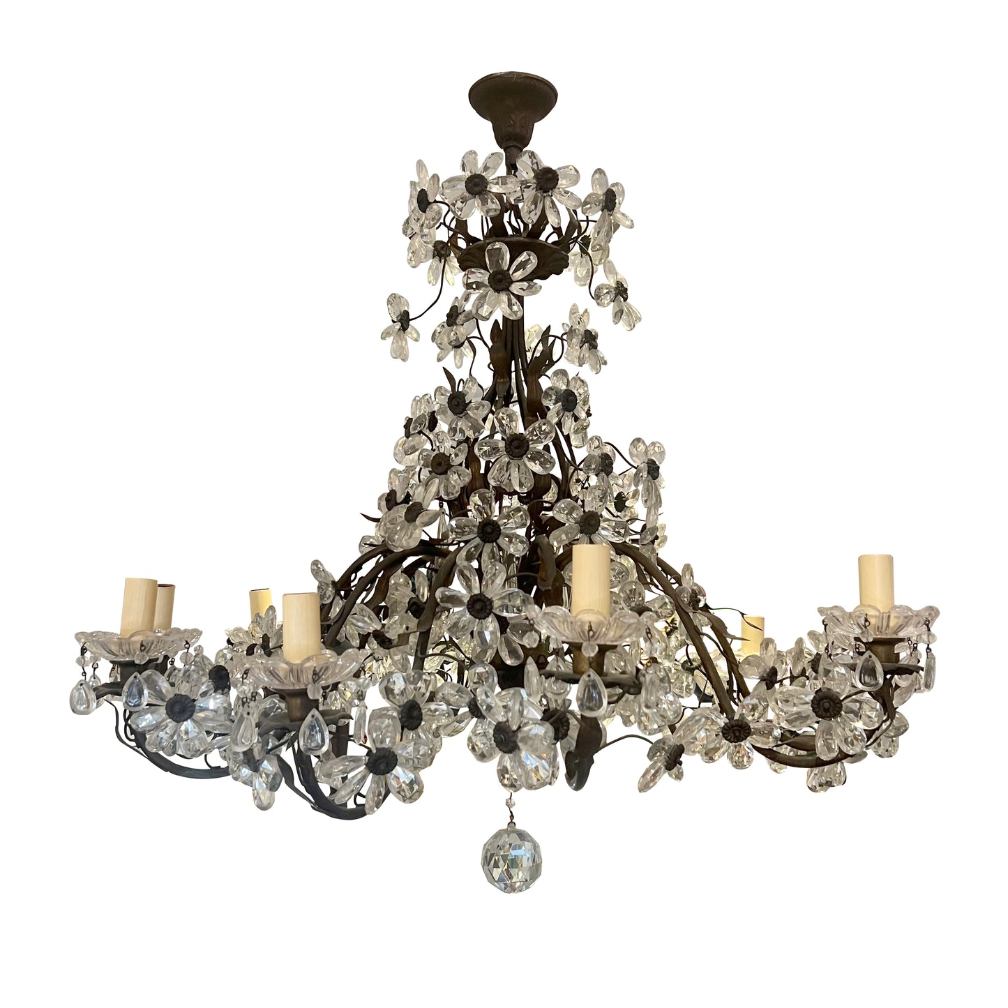 French 10-Branch Floral Crystal Chandelier, Attributed to Maison Bagués, Circa 1940s–1950s