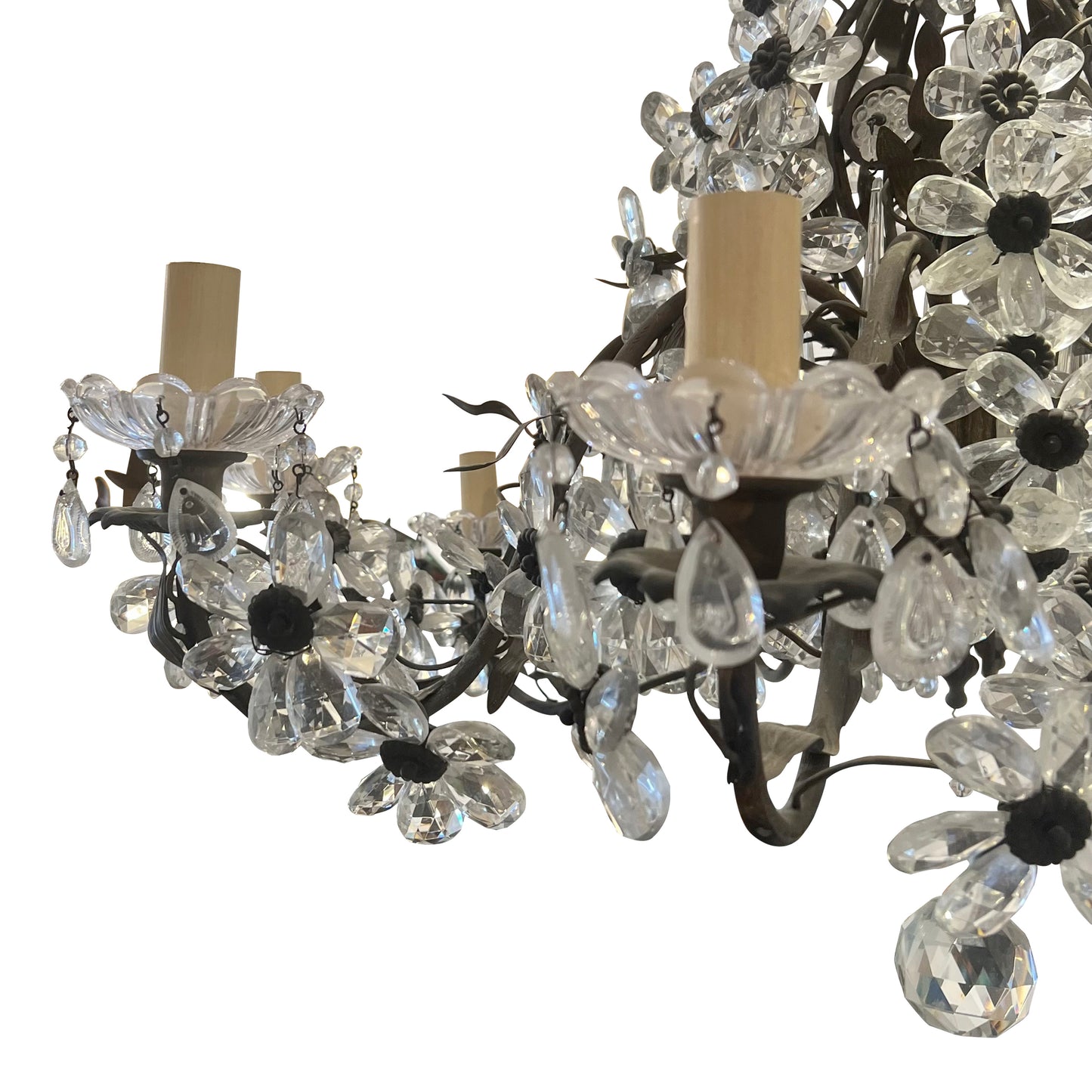 French 10-Branch Floral Crystal Chandelier, Attributed to Maison Bagués, Circa 1940s–1950s