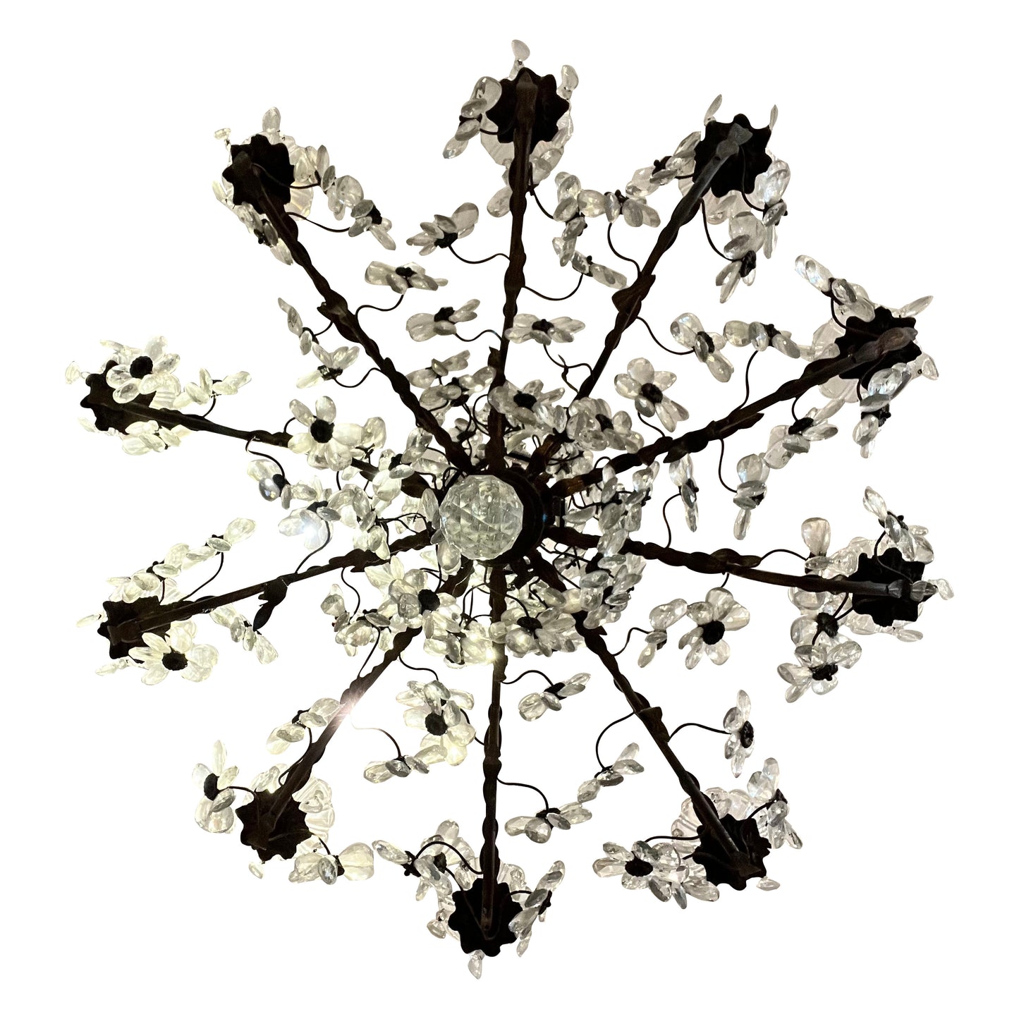 French 10-Branch Floral Crystal Chandelier, Attributed to Maison Bagués, Circa 1940s–1950s