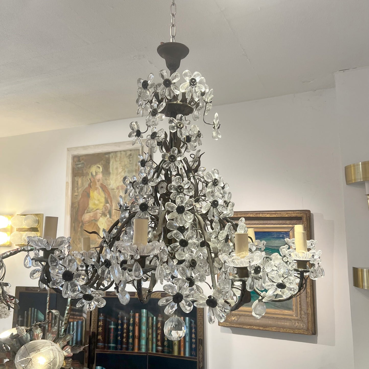 French 10-Branch Floral Crystal Chandelier, Attributed to Maison Bagués, Circa 1940s–1950s