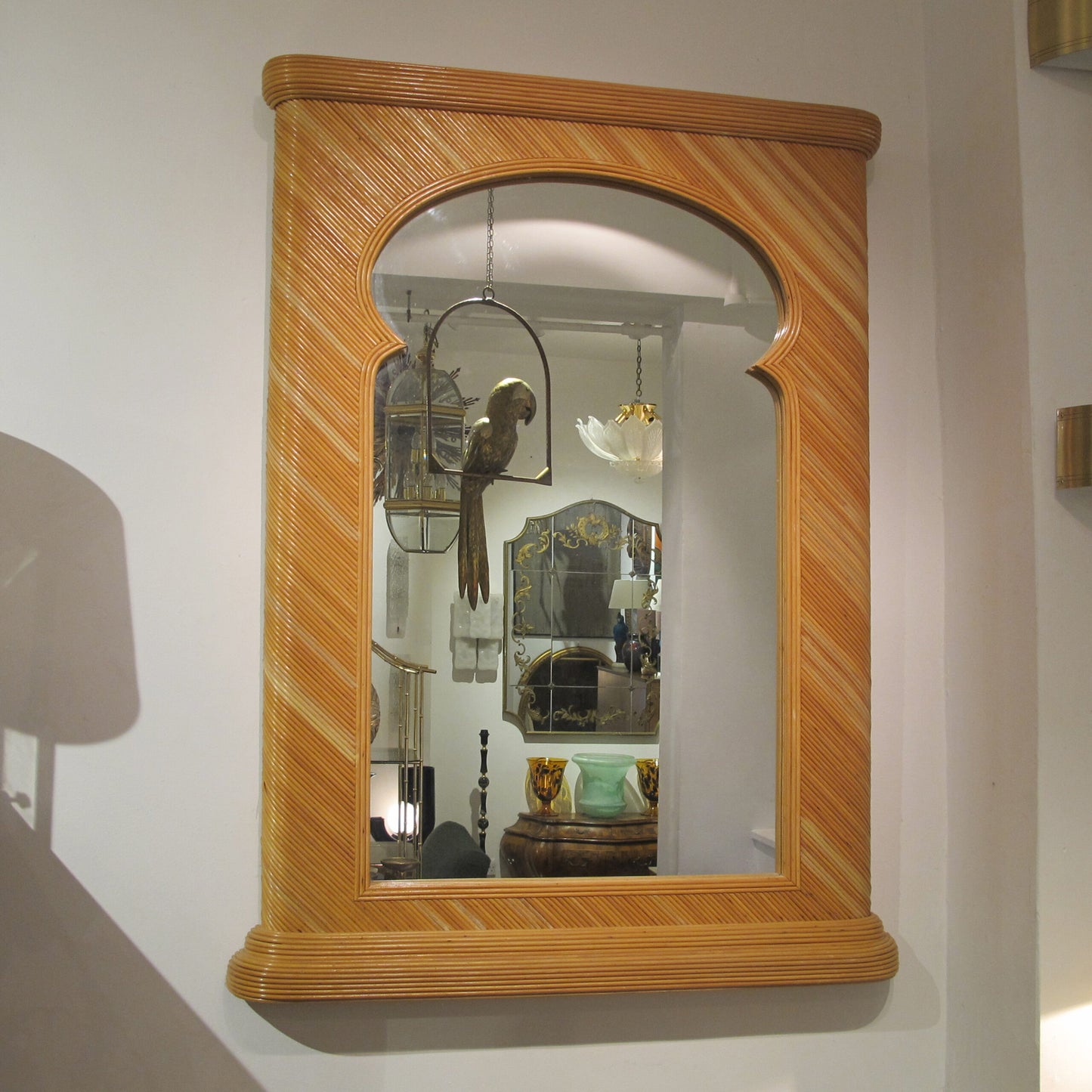 1970s Large Pencil Reed Rattan Mirror Attributed to Vivai Del Sud, Italian