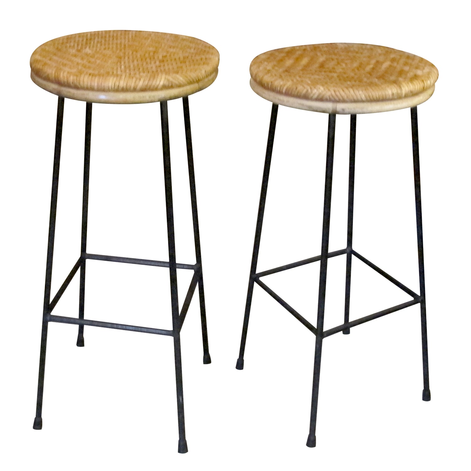 Mid-Century French Pair of Wrought Iron and Rattan Bar Stools