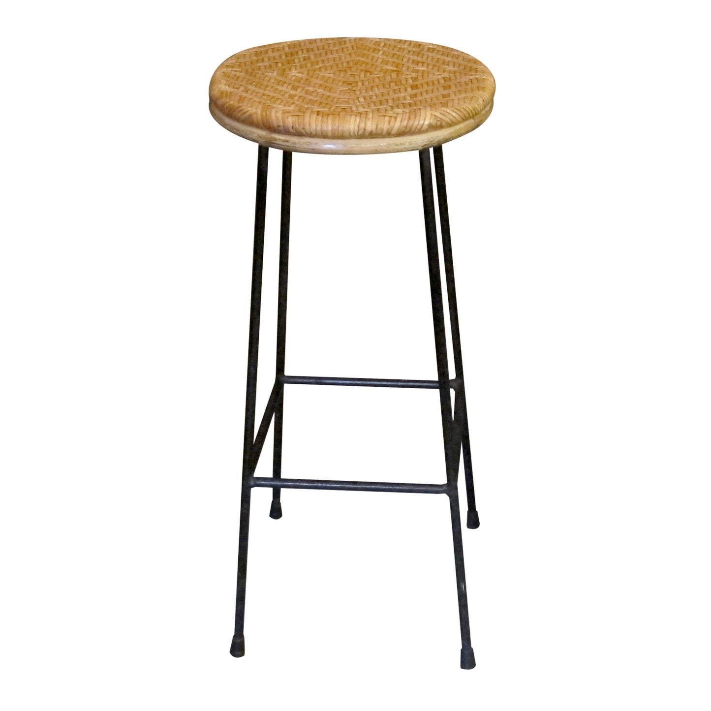 Mid-Century French Pair of Wrought Iron and Rattan Bar Stools