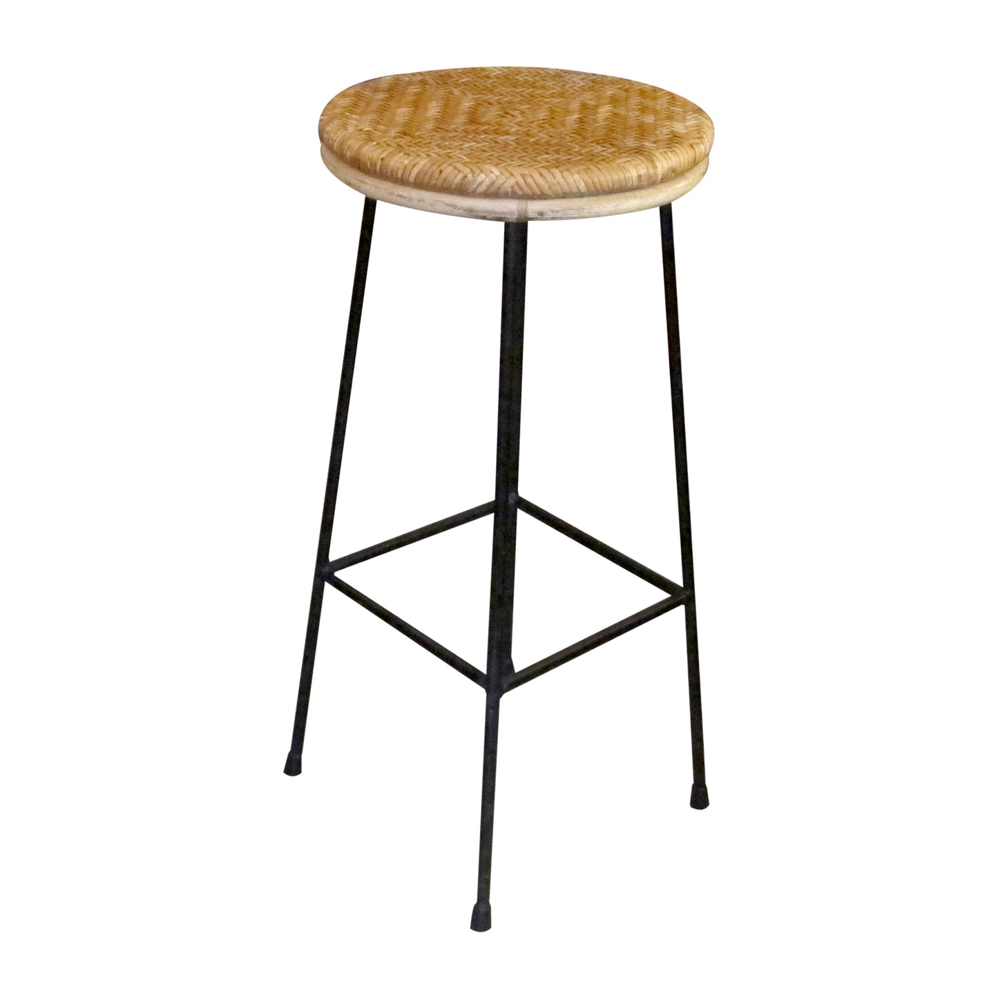 Mid-Century French Pair of Wrought Iron and Rattan Bar Stools