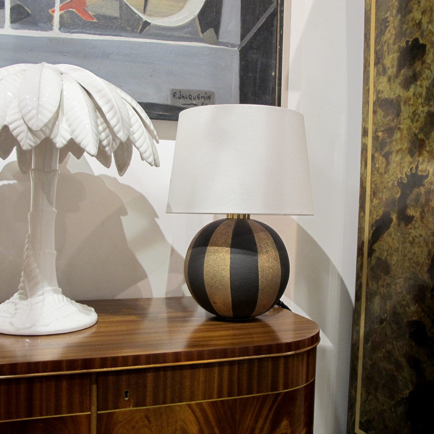 1950s Pair of Spherical Black and Gold Ceramic Table lamps, Italian