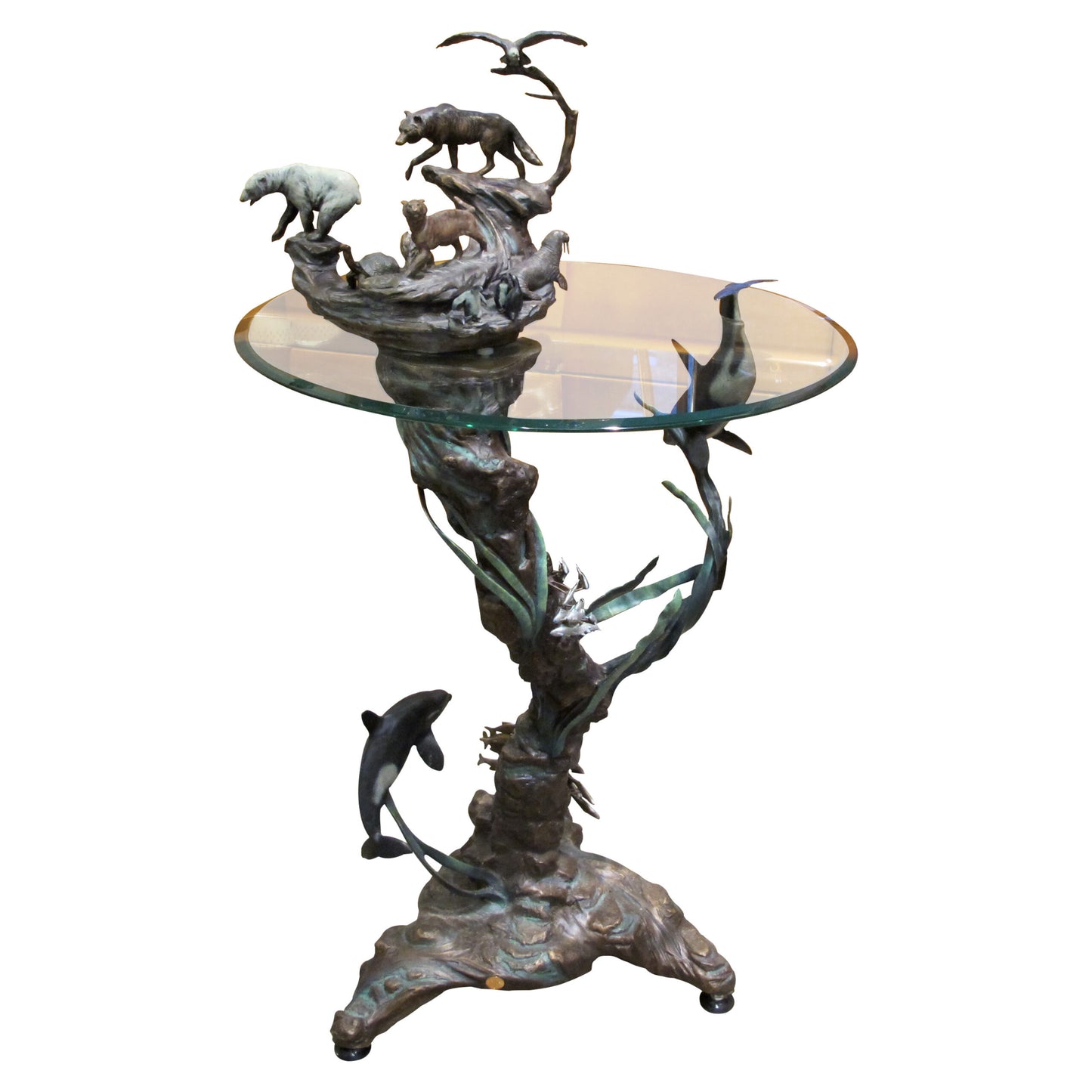 1980s Bronze Side Table with casts of Earth and Sea Animal by Steven Lord, American