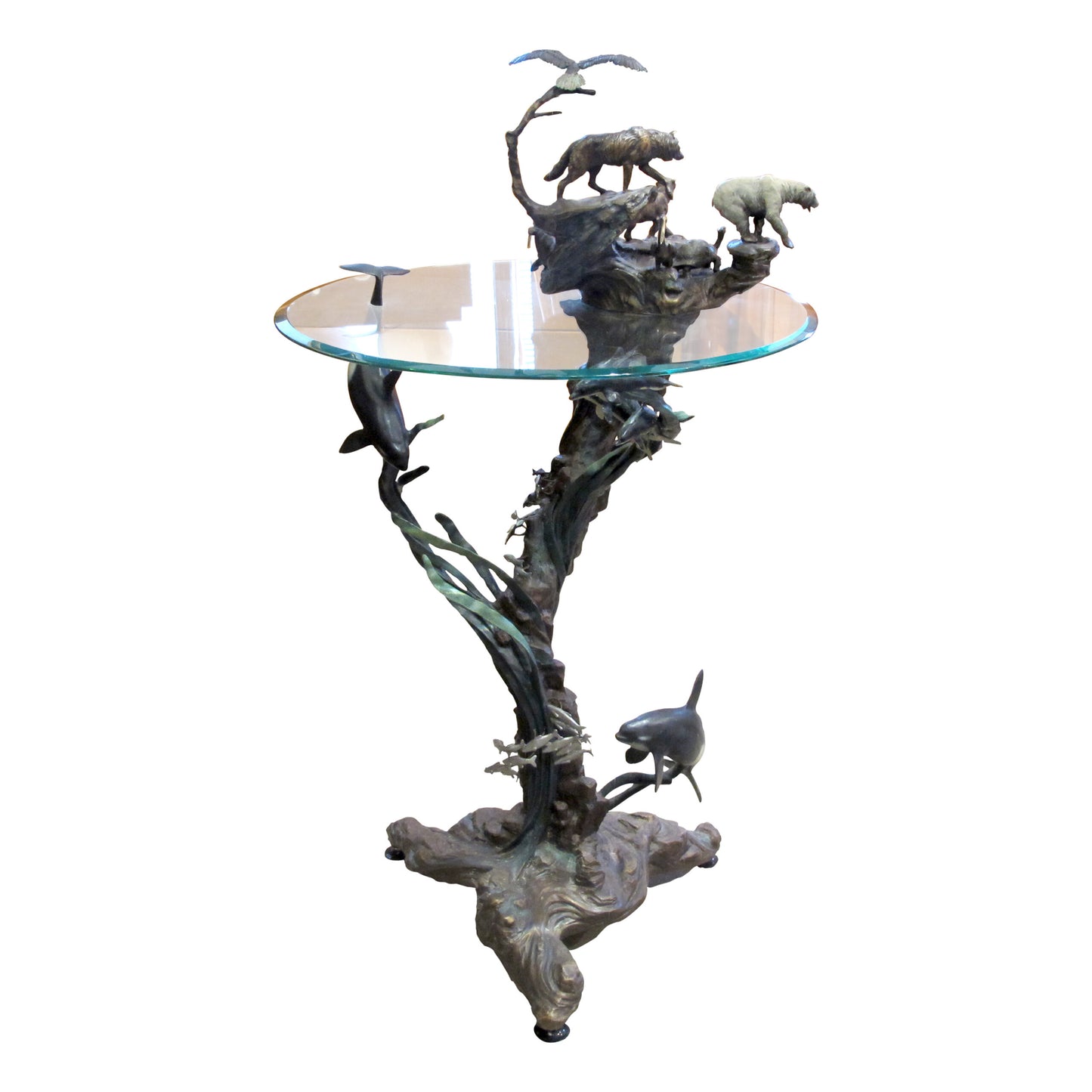 1980s Side Table with bronze casts of Earth, Sea, Air Animals, American