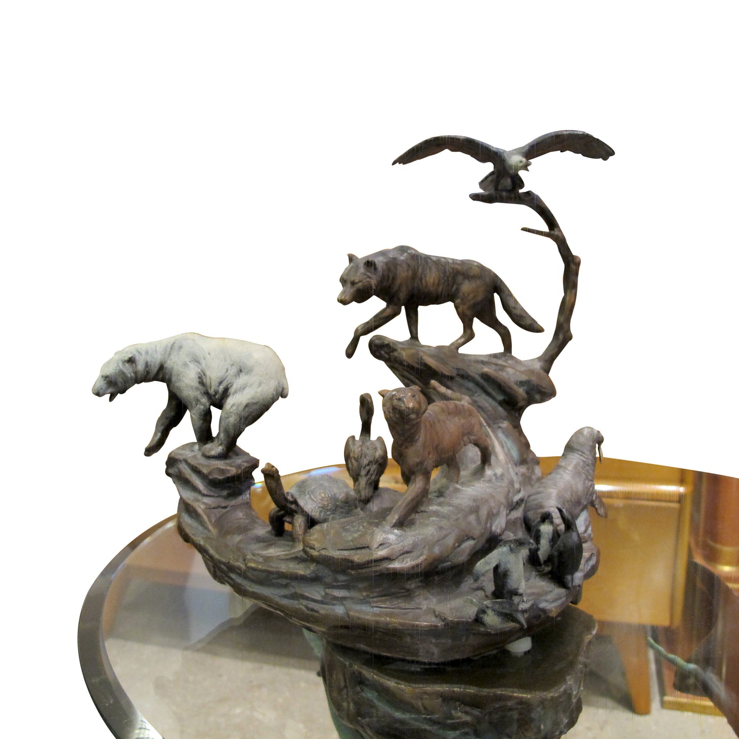 1980s Side Table with bronze casts of Earth, Sea, Air Animals, American