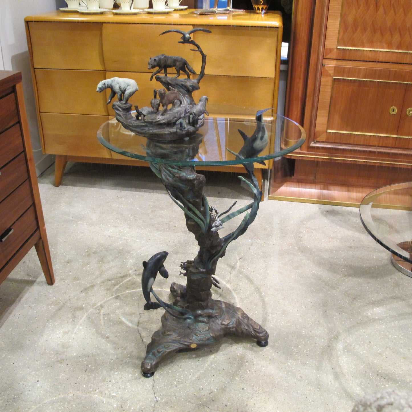 1980s Side Table with bronze casts of Earth, Sea, Air Animals, American