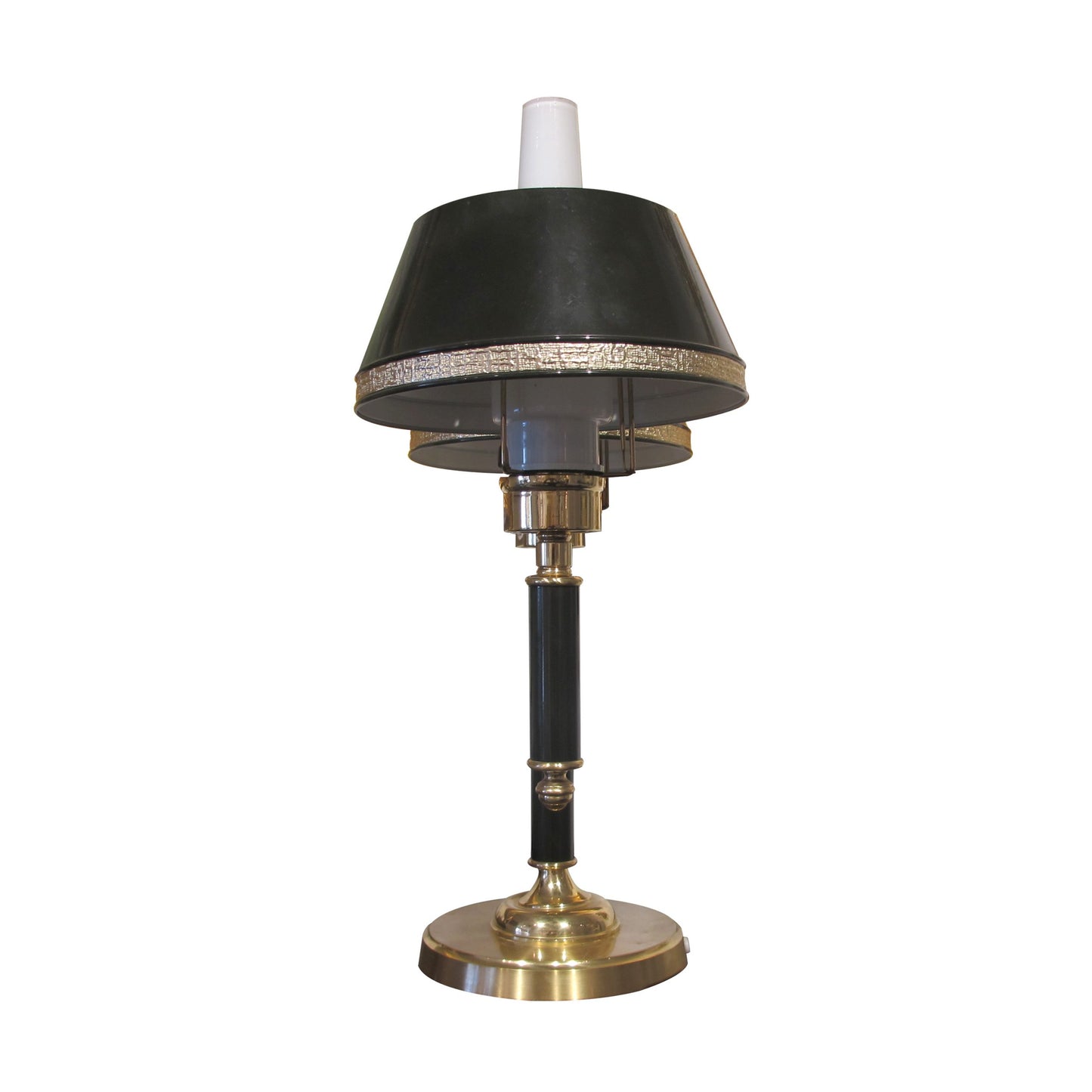 A 1970's table lamp with two green metal shades