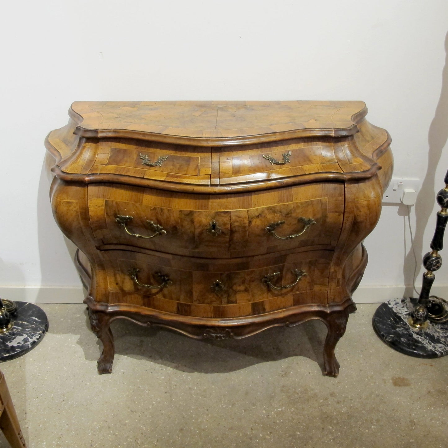 1930s Bow Fronted Chest of Drawers, Rococo Style, Italian