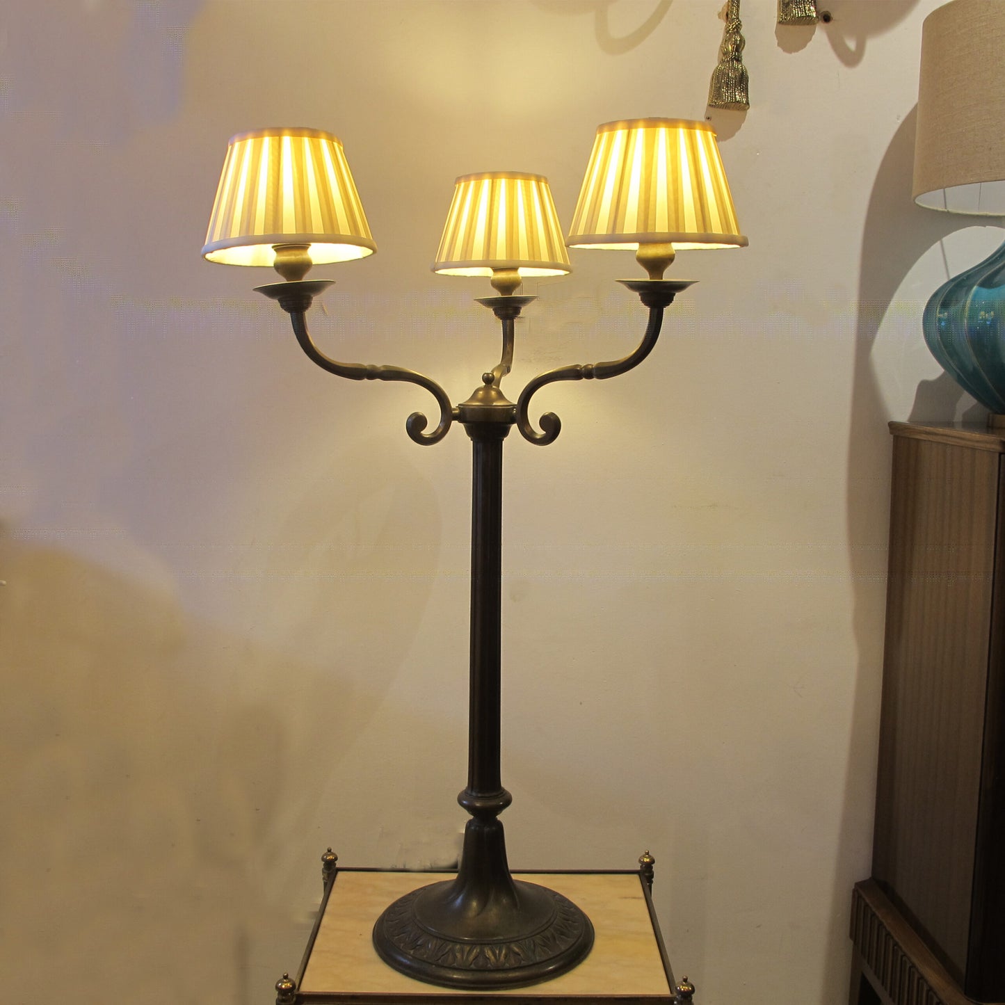 Pair of Large Three Arms Solid Bronze Table Lamps circa 1900, French