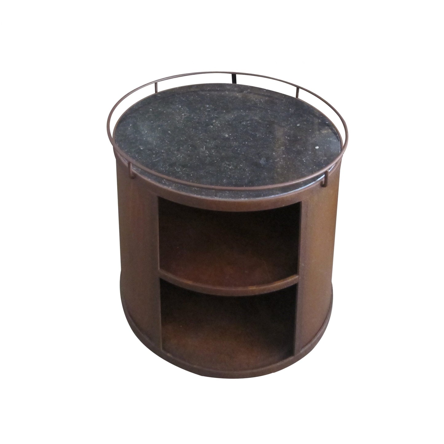 A pair of industrial round side tables with black marble top